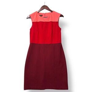 Talbots Women Petite 2P Colorblock Sheath Dress Red Coral Burgundy Career‎ Mod